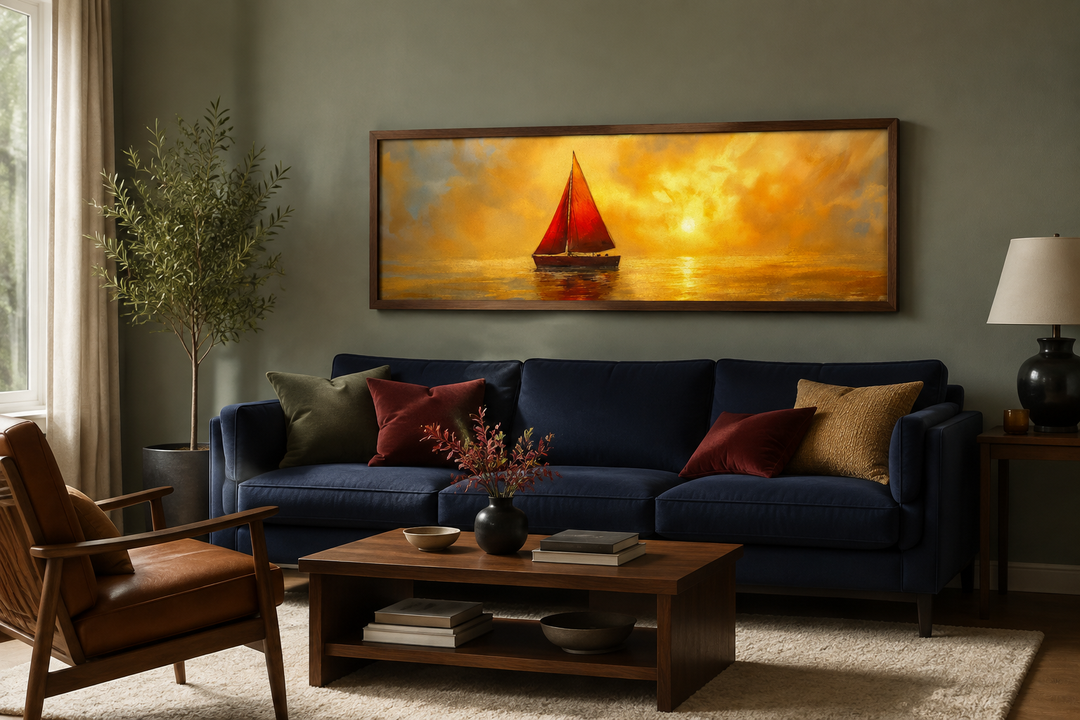 Gold Red Sail Boat Long Narrow Framed Canvas Wall Art