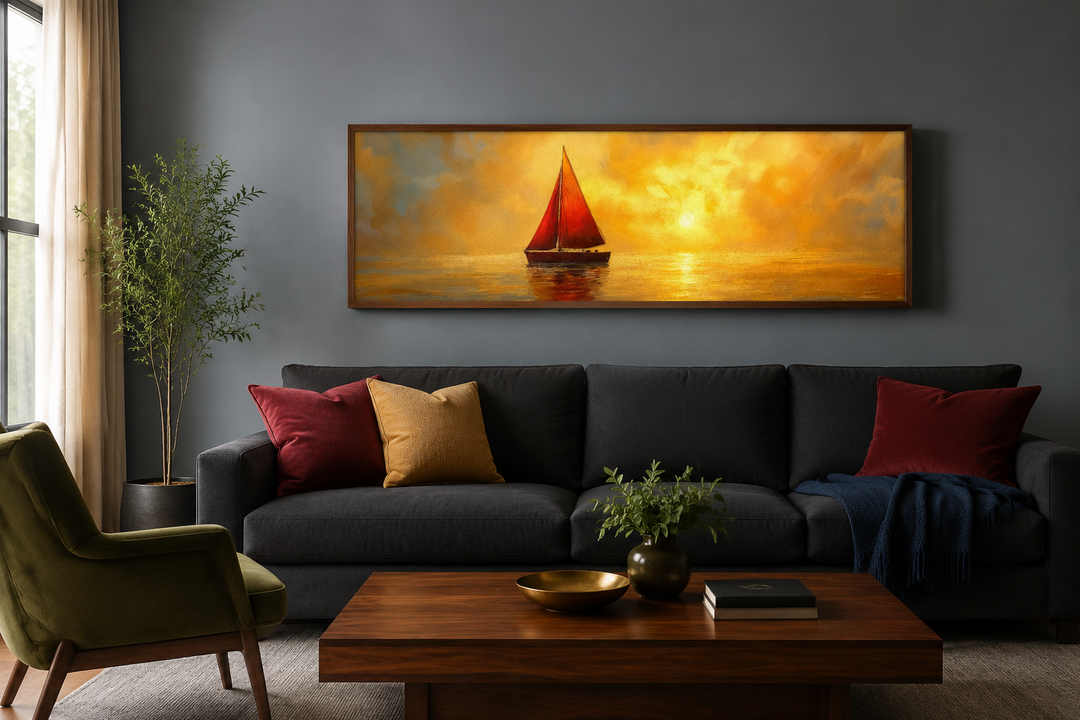 Gold Red Sail Boat Long Narrow Framed Canvas Wall Art