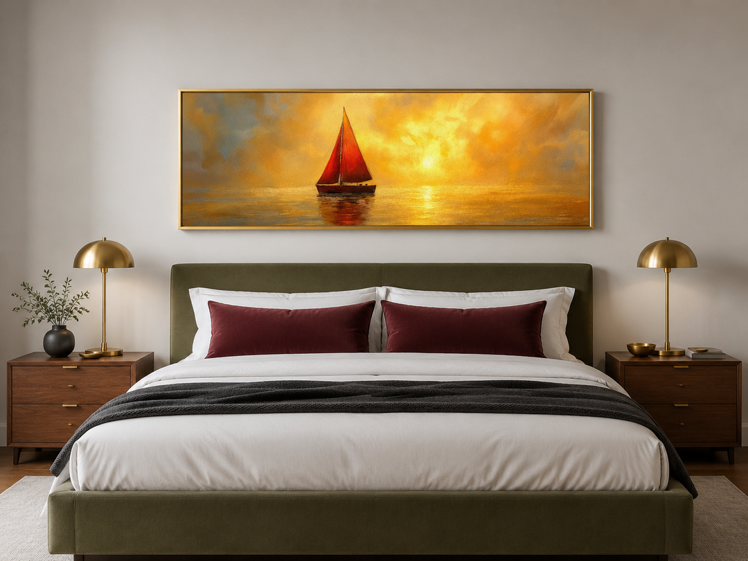 Gold Red Sail Boat Long Narrow Framed Canvas Wall Art