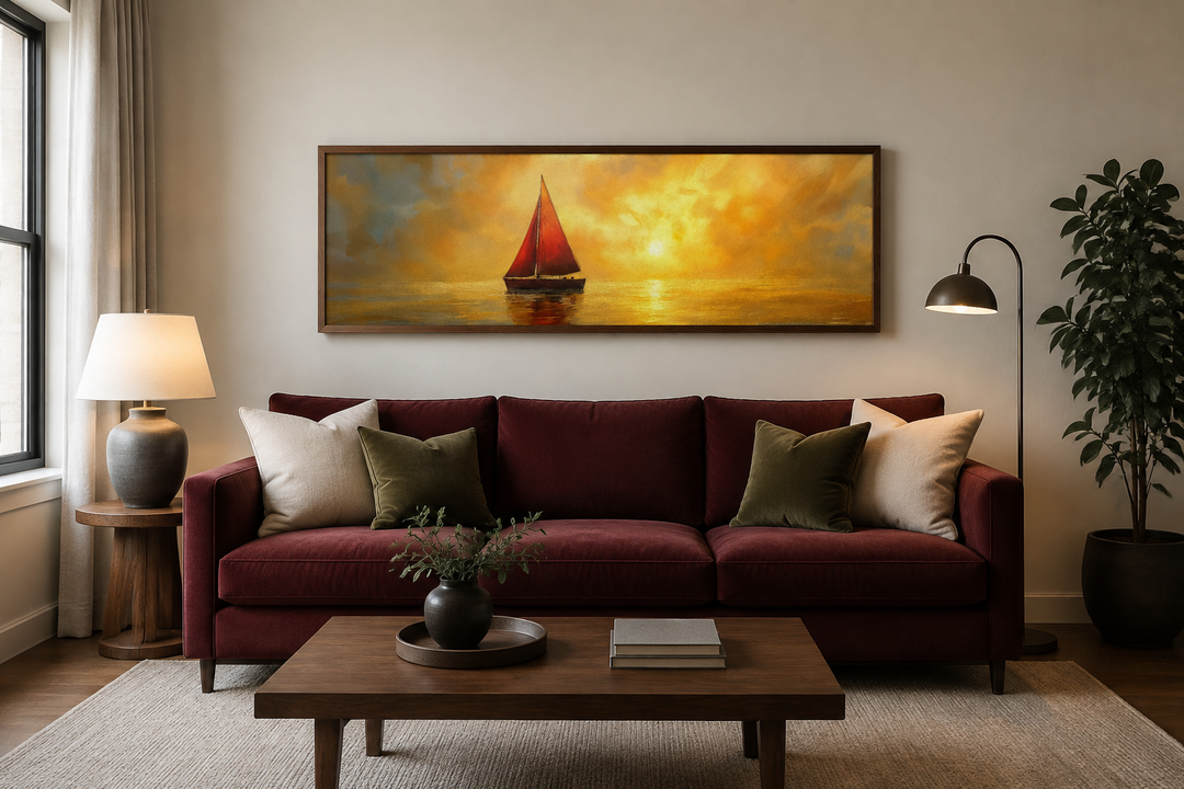 Gold Red Sail Boat Long Narrow Framed Canvas Wall Art