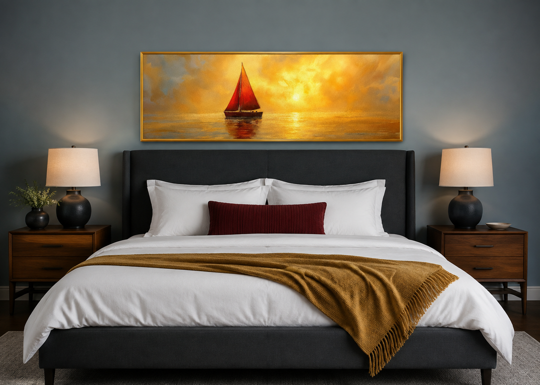 Gold Red Sail Boat Long Narrow Framed Canvas Wall Art
