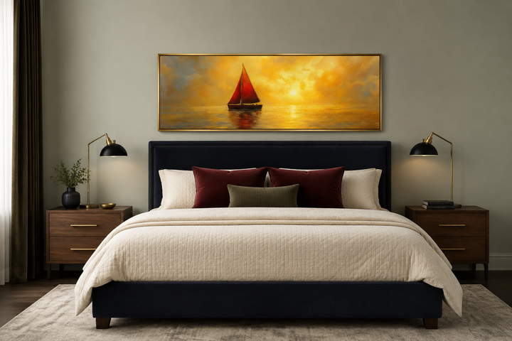 Gold Red Sail Boat Long Narrow Framed Canvas Wall Art
