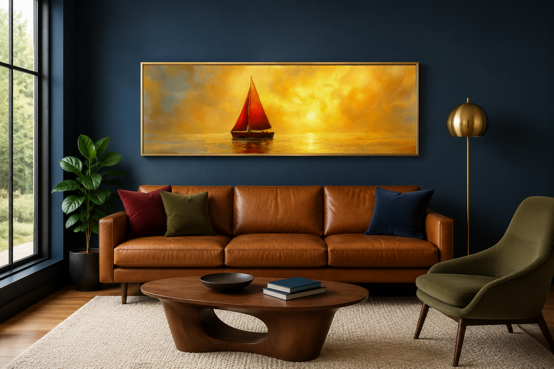Gold Red Sail Boat Long Narrow Framed Canvas Wall Art