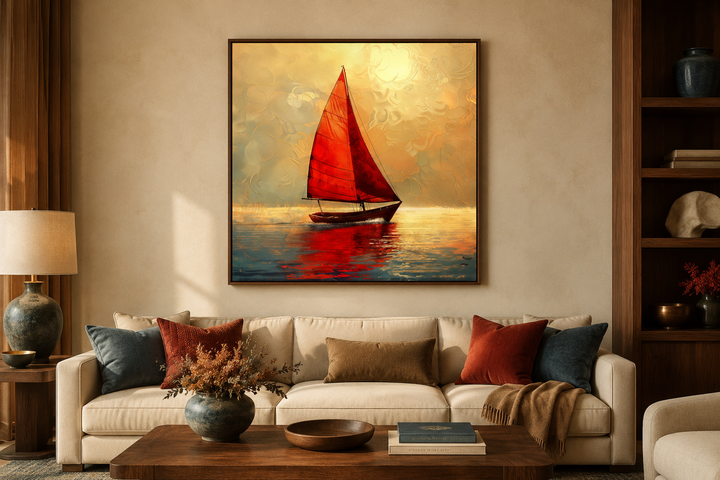 Framed canvas wall art of a boat with red sails on a golden ocean during sunset above a sofa.