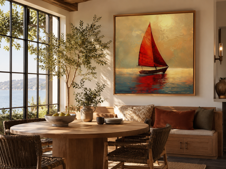 Framed canvas wall art of a boat with red sails on a golden sunset ocean in a dining room.
