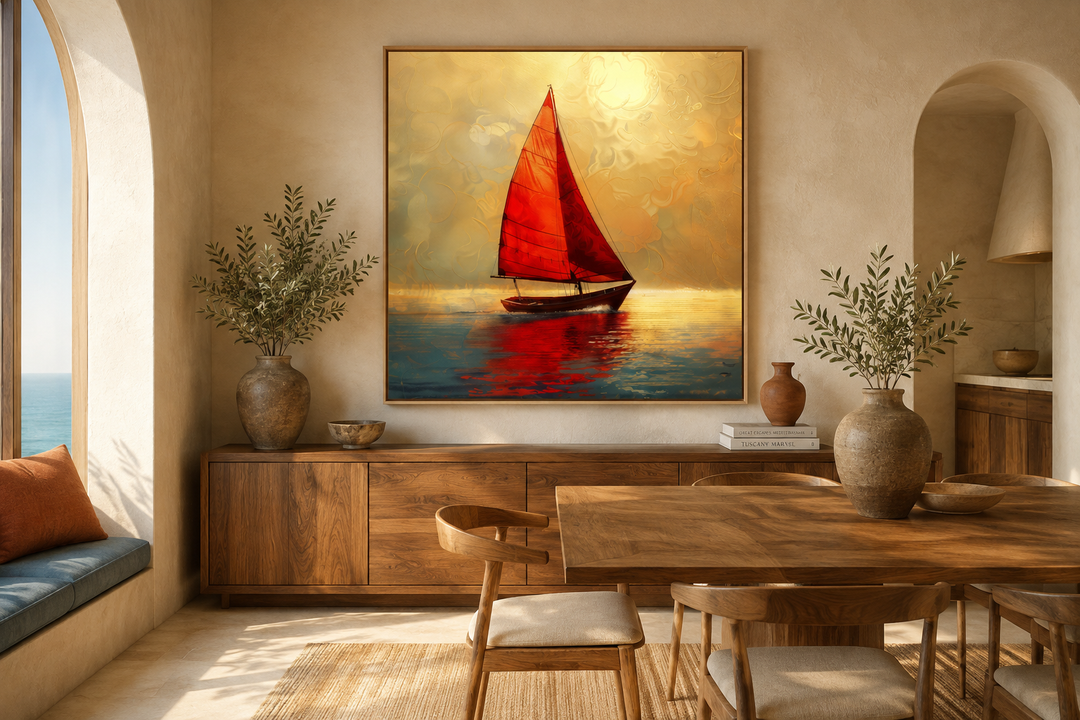 Nautical framed canvas art of a boat with red sails on a golden sunset ocean in a dining room.