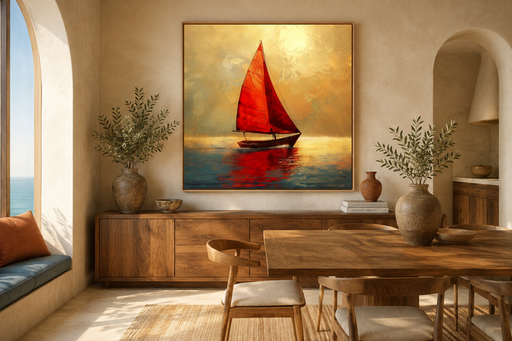 Nautical framed canvas art of a boat with red sails on a golden sunset ocean in a dining room.