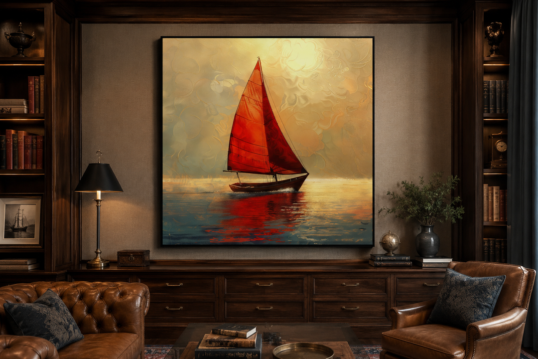 Nautical framed canvas wall art of a boat with red sails against a golden sunset in a study.