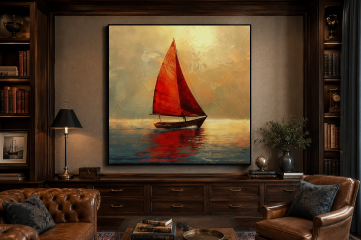 Nautical framed canvas wall art of a boat with red sails against a golden sunset in a study.