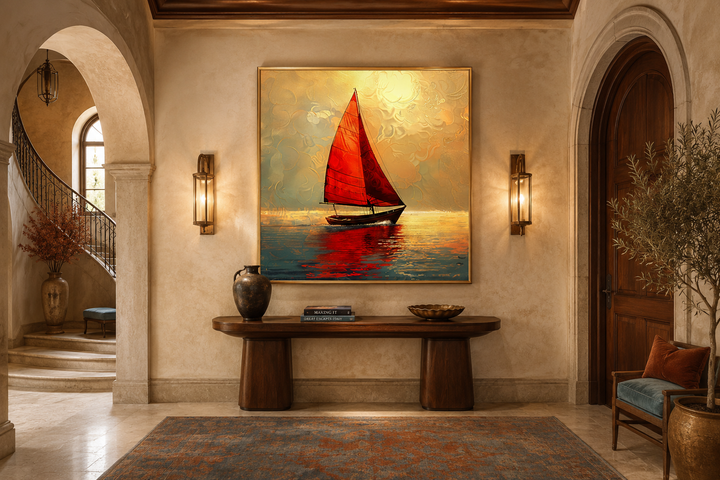 Framed canvas wall art of a boat with red sails on a golden sunset ocean above a wooden console.