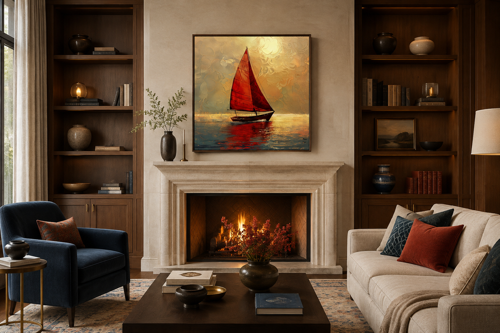 Framed canvas wall art of a boat with red sails on a golden sunset sea above a fireplace.