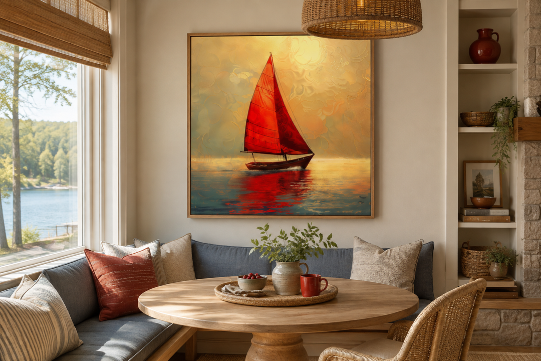 Nautical framed canvas wall art of a boat with red sails against a golden sunset in a dining nook.