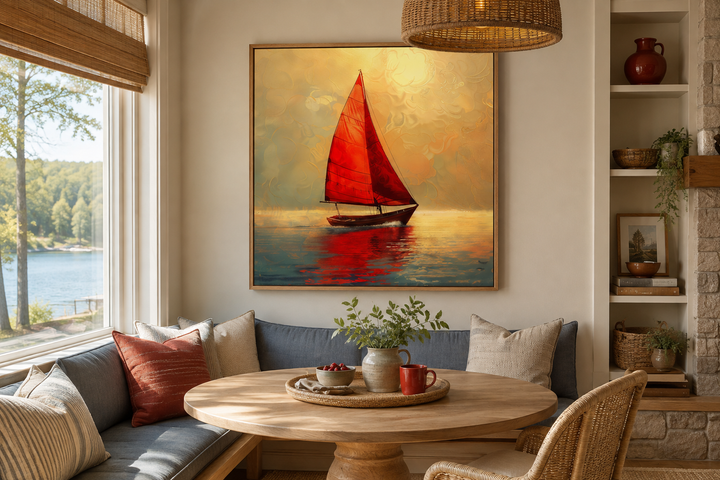 Nautical framed canvas wall art of a boat with red sails against a golden sunset in a dining nook.
