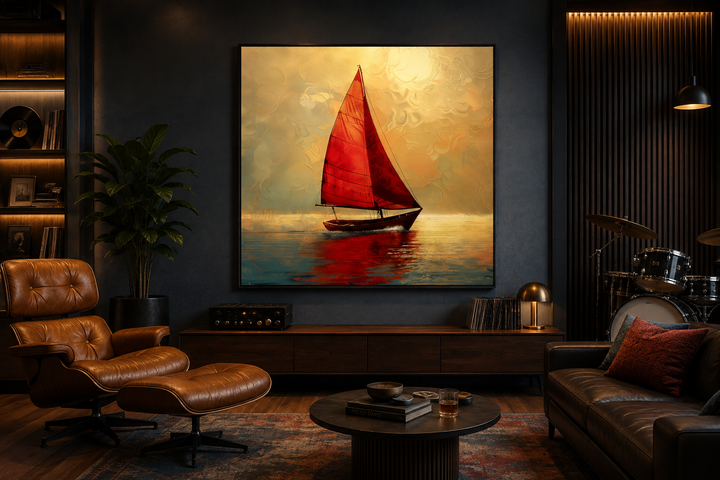 Nautical framed canvas wall art featuring a boat with red sails against a golden sunset.
