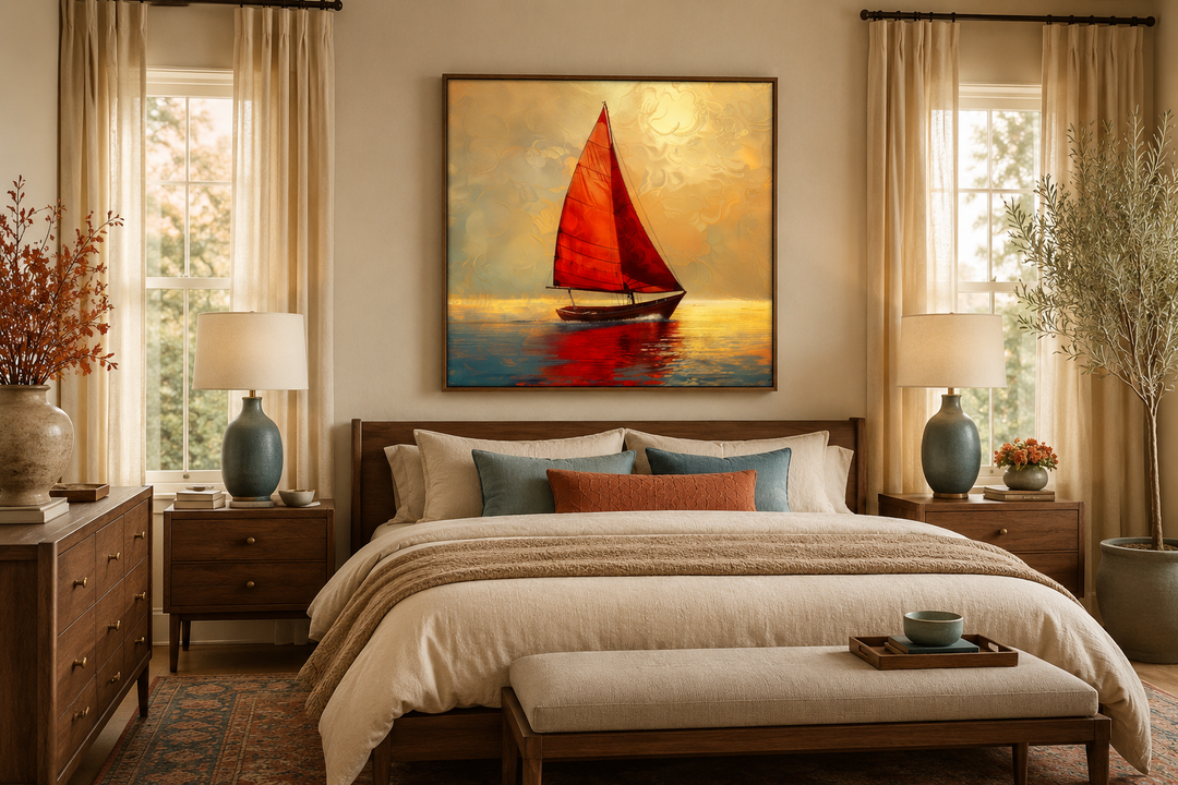 Framed canvas wall art of a boat with red sails on a golden sunset ocean above a bed.