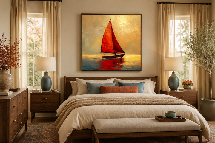 Framed canvas wall art of a boat with red sails on a golden sunset ocean above a bed.