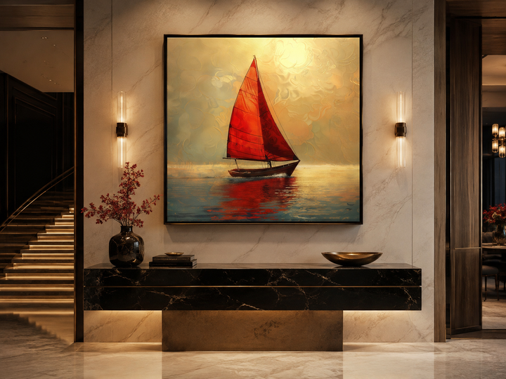 Framed canvas wall art of a boat with red sails on a calm sea during a golden sunset.