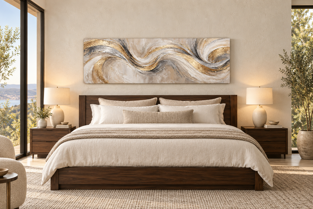 Gold and silver abstract swirl horizontal canvas art hanging above a dark wood bed in a bedroom.
