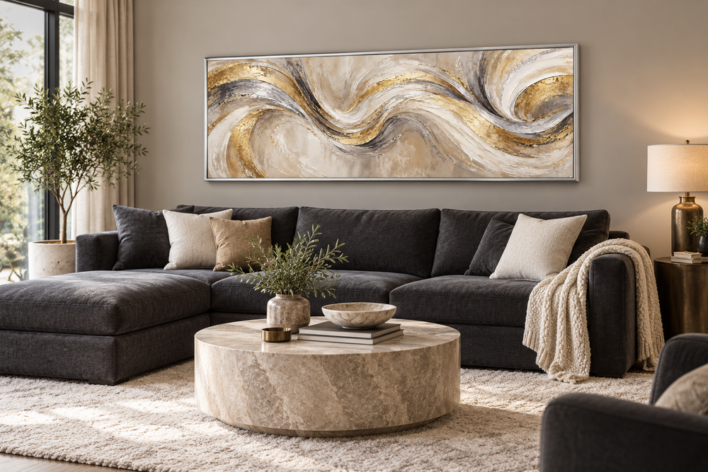 Gold and silver abstract swirl long horizontal wall art in a silver frame above a dark gray sofa.