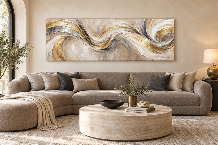 Gold and silver abstract swirl long horizontal wall art above a modern beige sectional sofa.