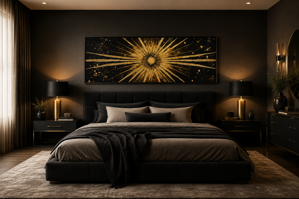Long horizontal black and gold sunburst abstract canvas painting mounted above a dark bed.