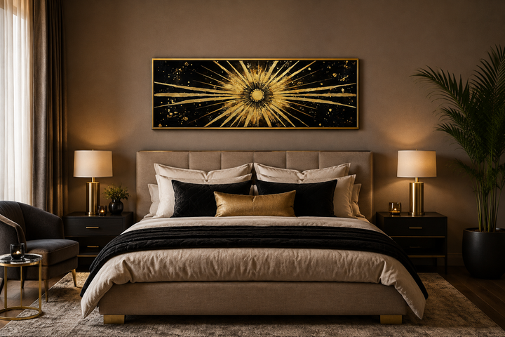 Long horizontal black and gold sunburst abstract painting hanging above a bed in a modern bedroom.