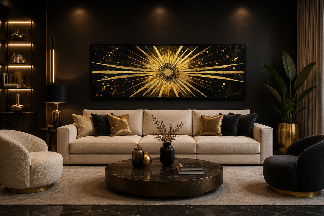 Long horizontal black and gold sunburst abstract painting above a modern cream sofa.