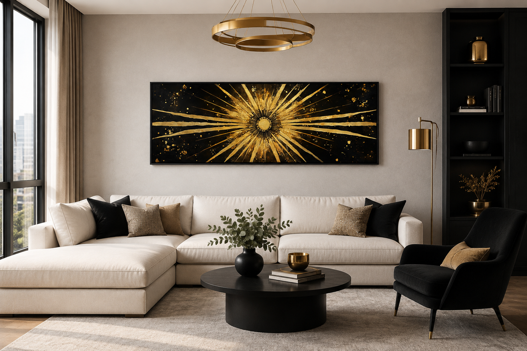 Long horizontal black and gold sunburst abstract painting above a cream sectional sofa.