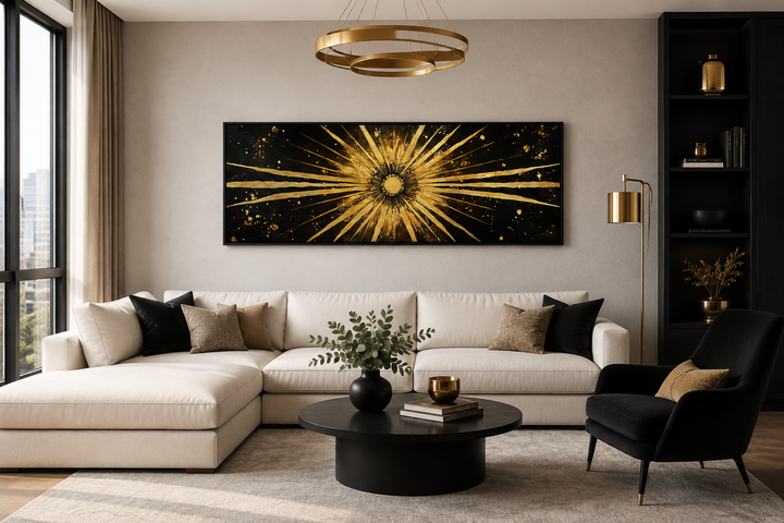 Long horizontal black and gold sunburst abstract painting above a cream sectional sofa.