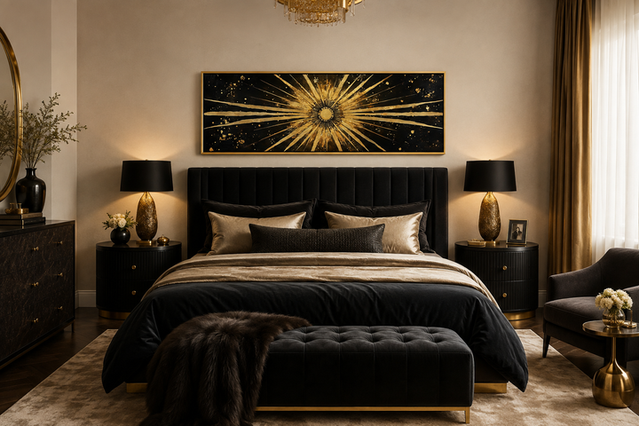Long horizontal black and gold canvas art with a radiant sunburst above a modern black bed.