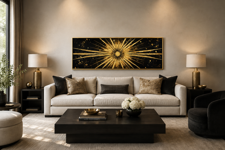 Long horizontal black and gold sunburst abstract painting hanging above a white sofa.