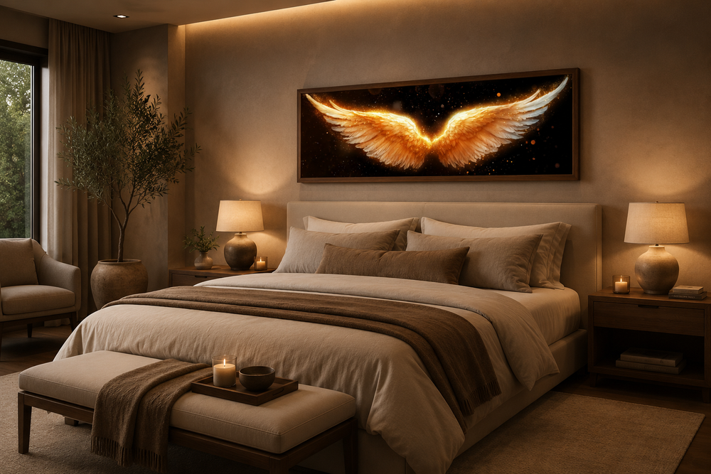 Golden angel wings horizontal canvas print centered above a bed in a modern neutral bedroom.