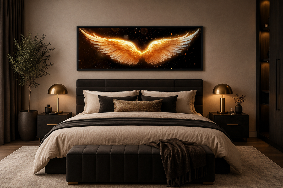 Golden angel wings horizontal canvas print centered above a bed in a modern black and gold bedroom.
