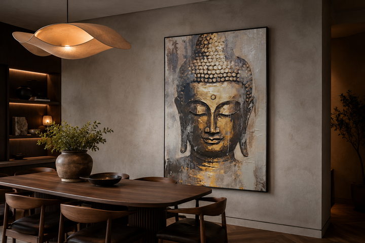 Golden Buddha Indian framed canvas wall art in a modern dining room with warm lighting.
