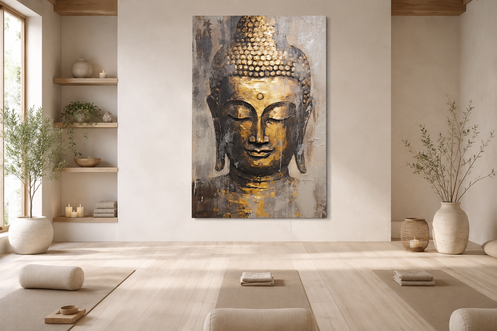 Golden Buddha portrait canvas wall art in a serene meditation room with yoga mats and plants.