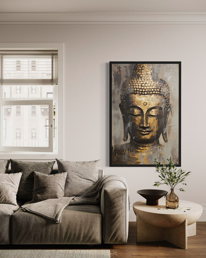 Golden Buddha Indian framed canvas wall art with serene visage.