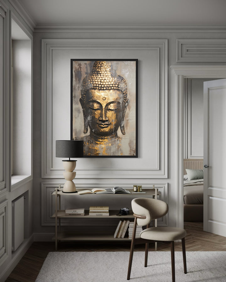 Golden Buddha Indian Framed Canvas Wall Art featuring a serene gold and bronze portrait.