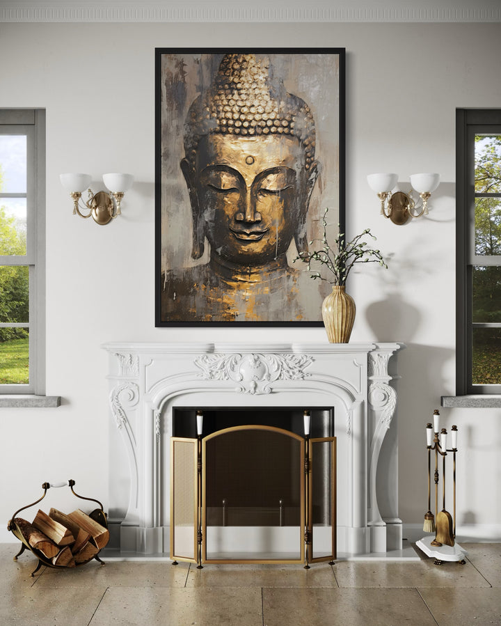 Golden Buddha Indian Framed Canvas Wall Art hanging above a white fireplace mantel.