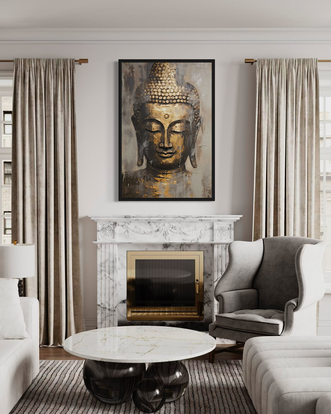 Golden Buddha Indian Framed Canvas Wall Art hanging above a marble fireplace in a living room.