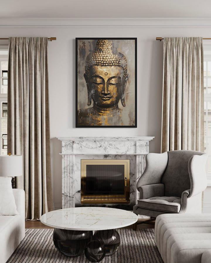 Golden Buddha Indian Framed Canvas Wall Art hanging above a marble fireplace in a living room.