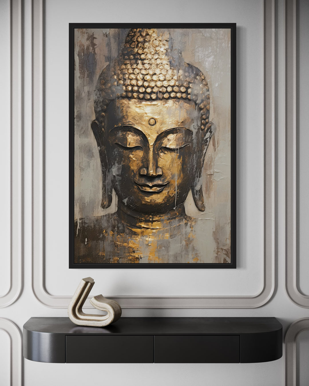 Golden Buddha Indian framed canvas wall art above a black console table with a modern sculpture.
