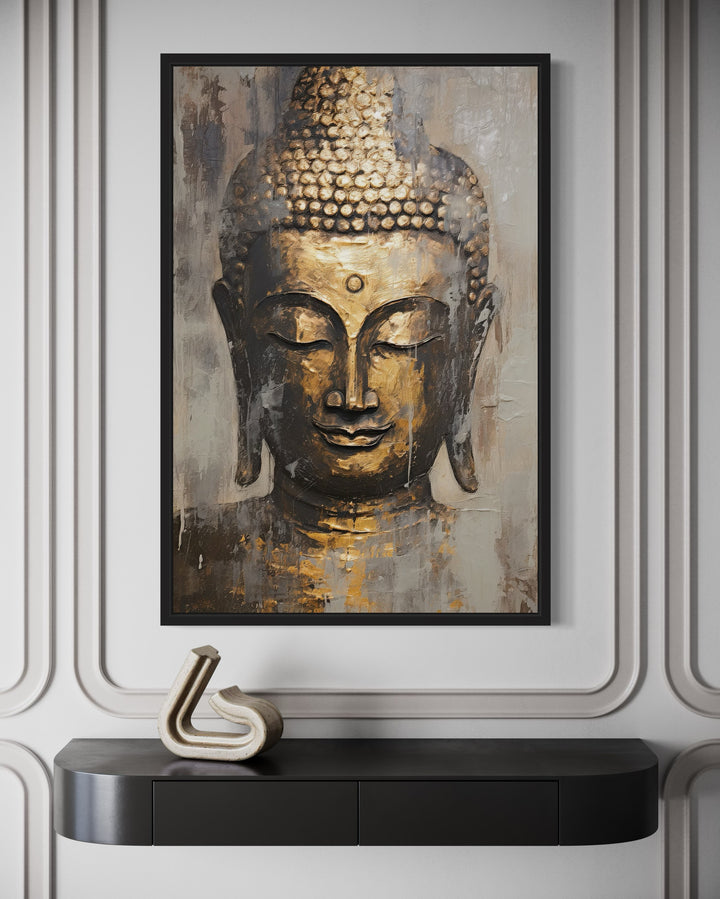 Golden Buddha Indian framed canvas wall art above a black console table with a modern sculpture.