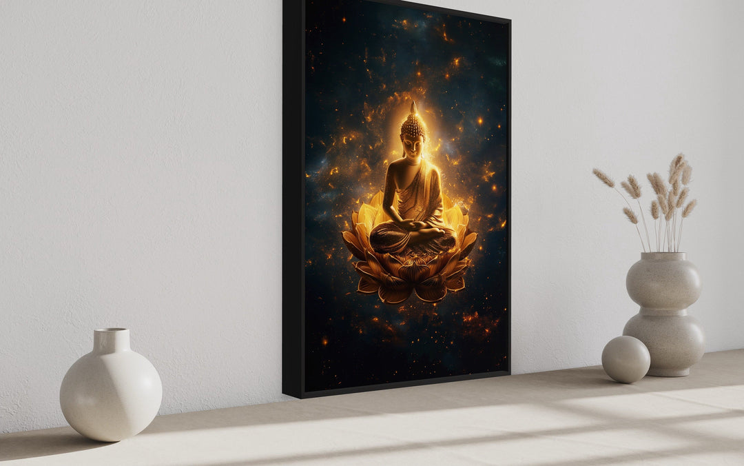 Golden Buddha With Lotus Flower Indian Framed Canvas Wall Art