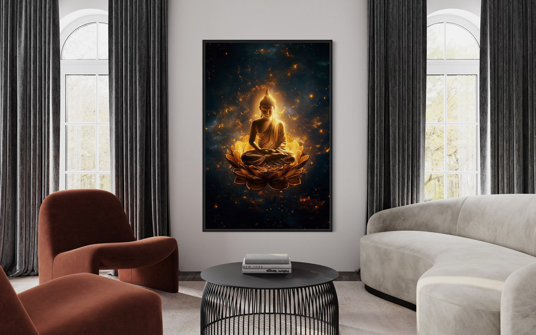 Golden Buddha With Lotus Flower Indian Wall Art "Luminous Lotus" in modern room