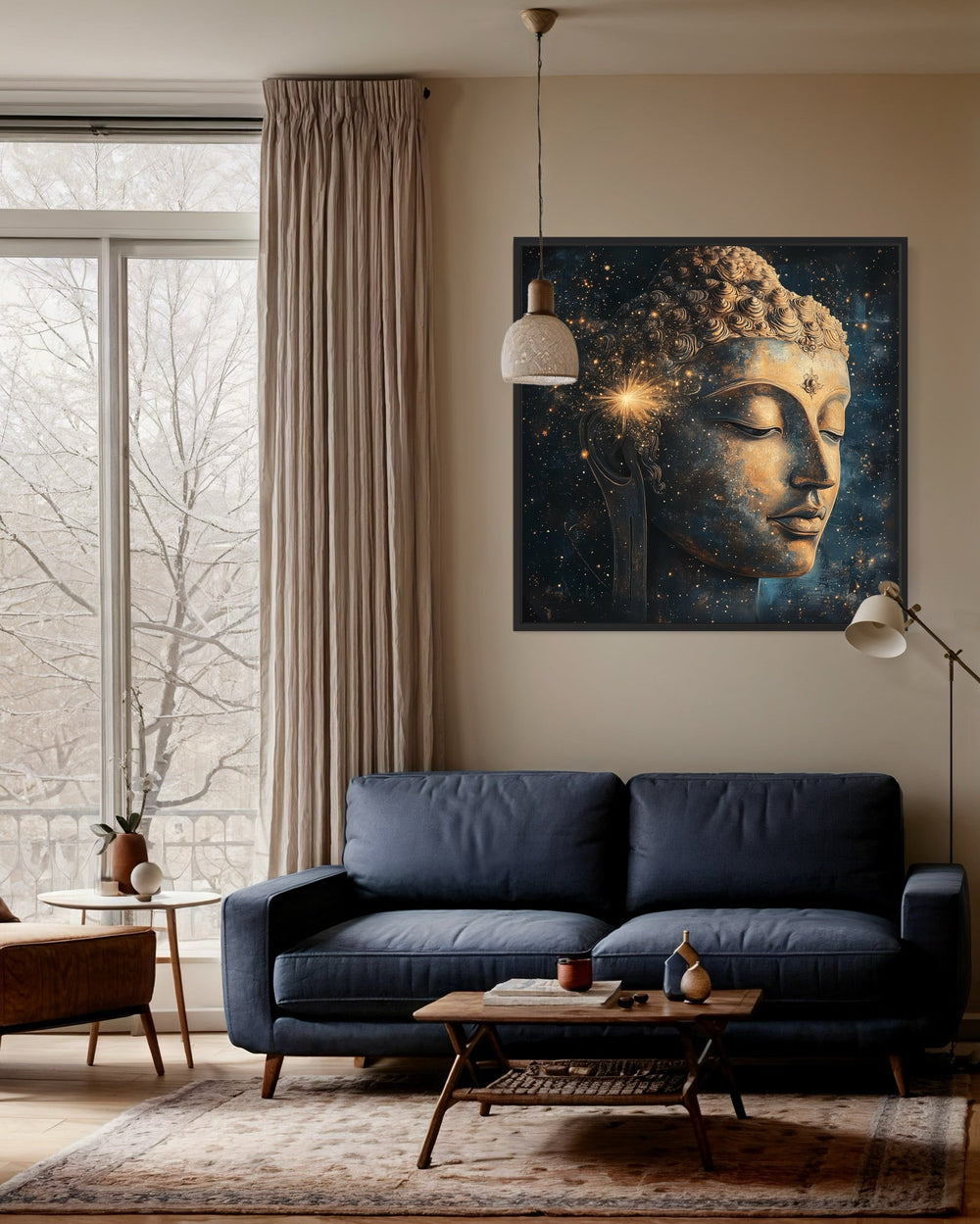 Golden Buddha in Cosmic Galaxy Canvas Art - Meditation and Zen Decor in living room