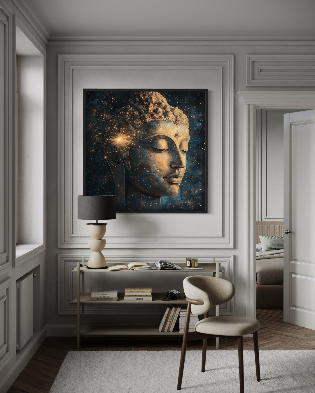 Golden Buddha in Cosmic Galaxy Canvas Art - Meditation and Zen Decor