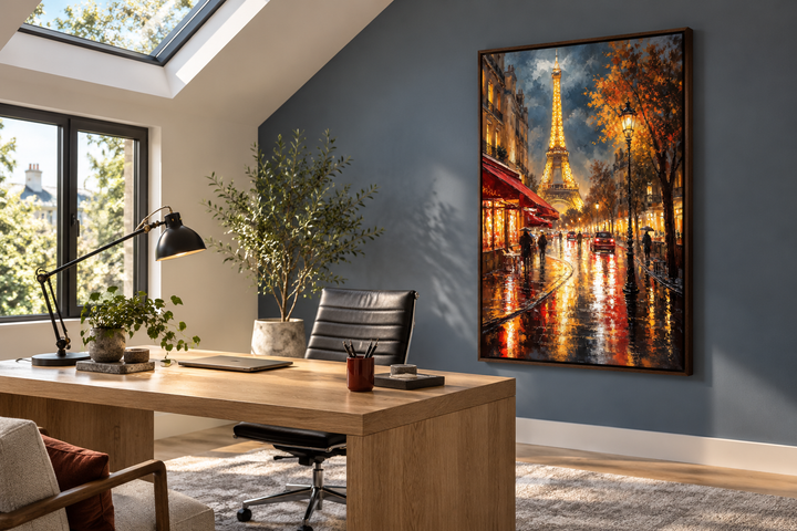 Paris street and Eiffel Tower oil painting framed canvas wall art print in a modern home office.