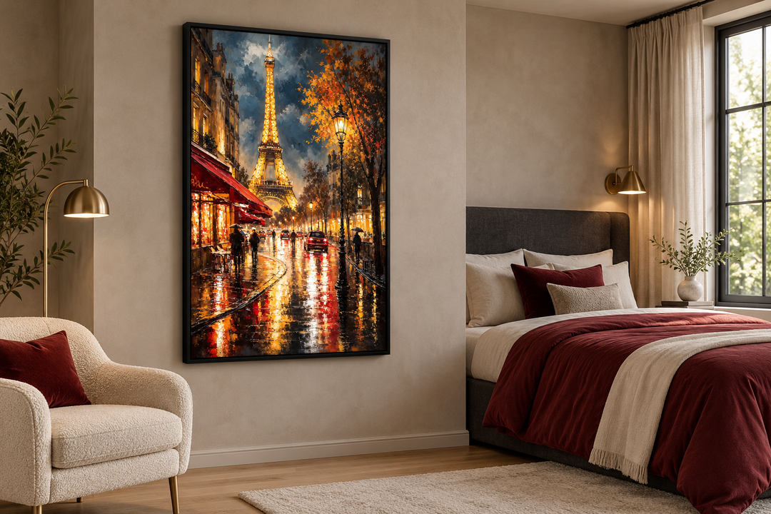Framed vertical canvas print of a rainy Paris street oil painting with the Eiffel Tower at night.