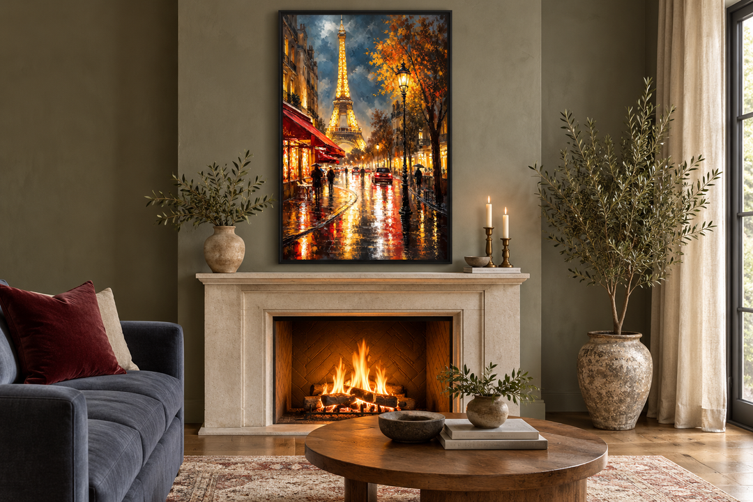 Framed oil painting of a rainy Paris street and Eiffel Tower above a fireplace in a living room.