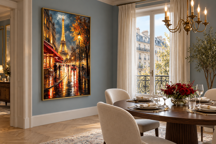 Framed vertical canvas wall art of a rainy Paris street at night with the Eiffel Tower in view.